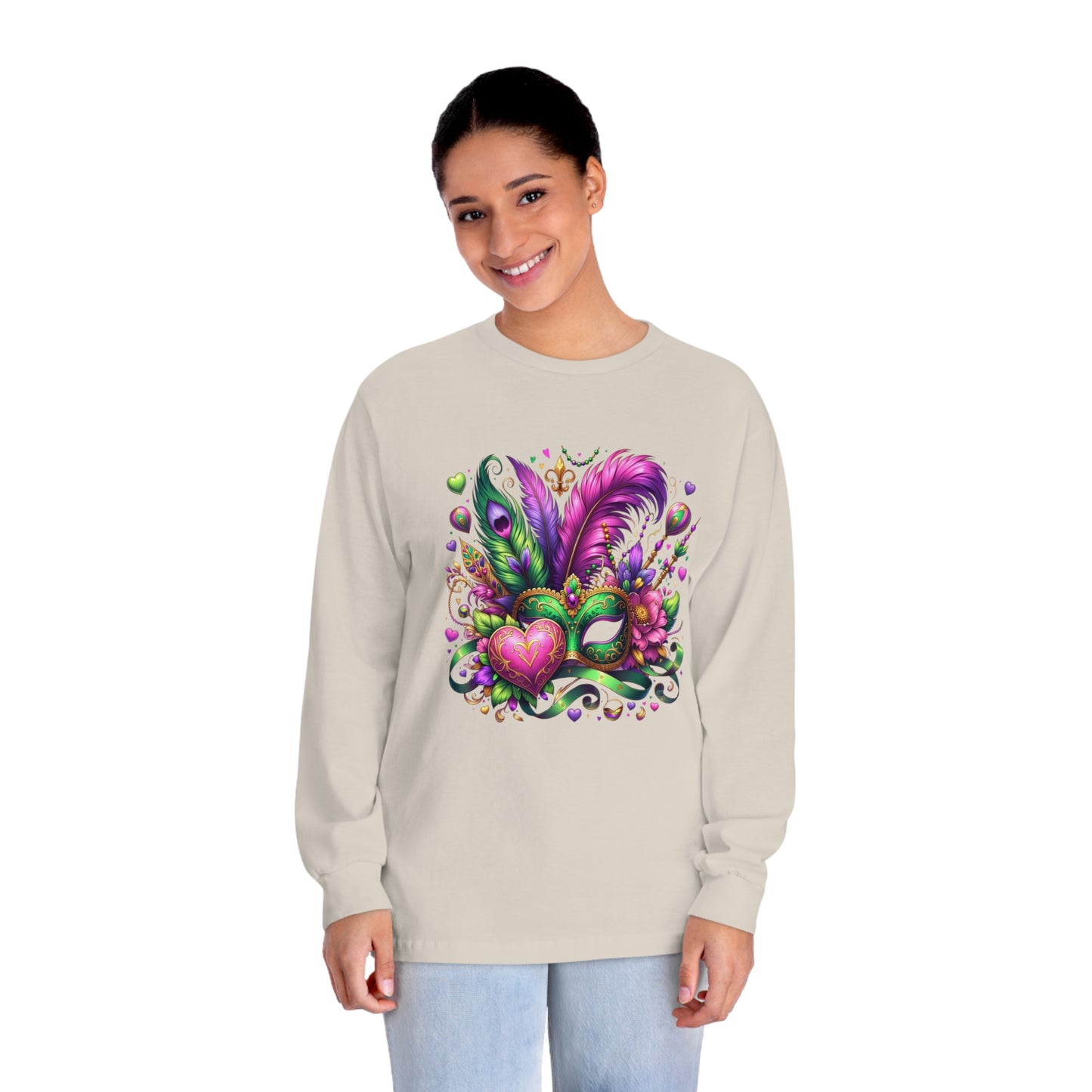 Enchanted Mardi Gras Love: Valentine's Day Meets Carnival Mask Unisex Classic Long Sleeve T-Shirt