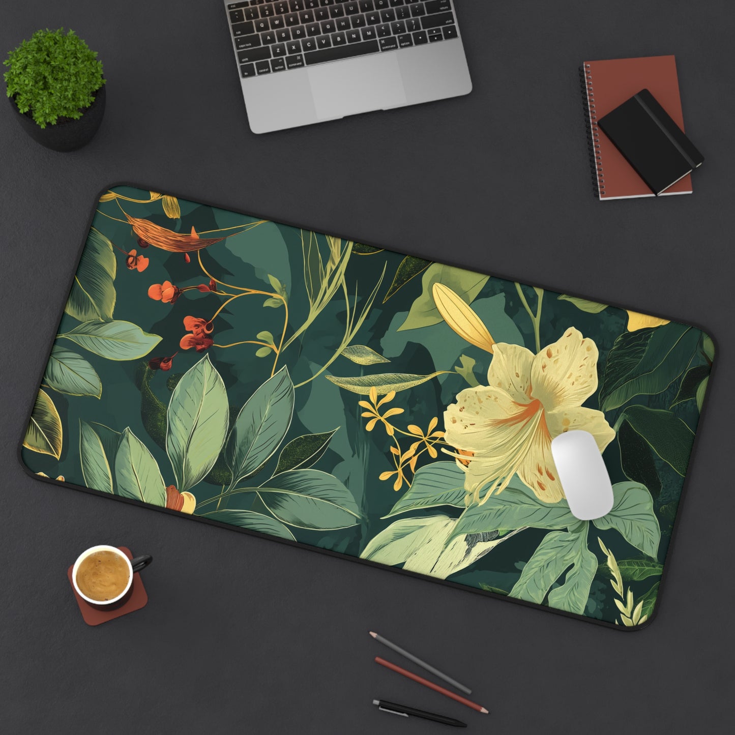 Sage Green Floral and Plant Detailed Design Floral Desk Mat, Botanical desk Pad, Vintage Desk Mat, Wildflower, Nature Desk Decor