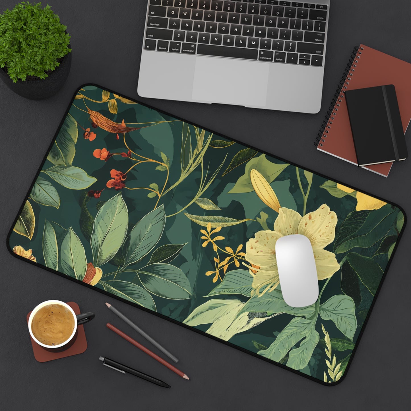 Sage Green Floral and Plant Detailed Design Floral Desk Mat, Botanical desk Pad, Vintage Desk Mat, Wildflower, Nature Desk Decor