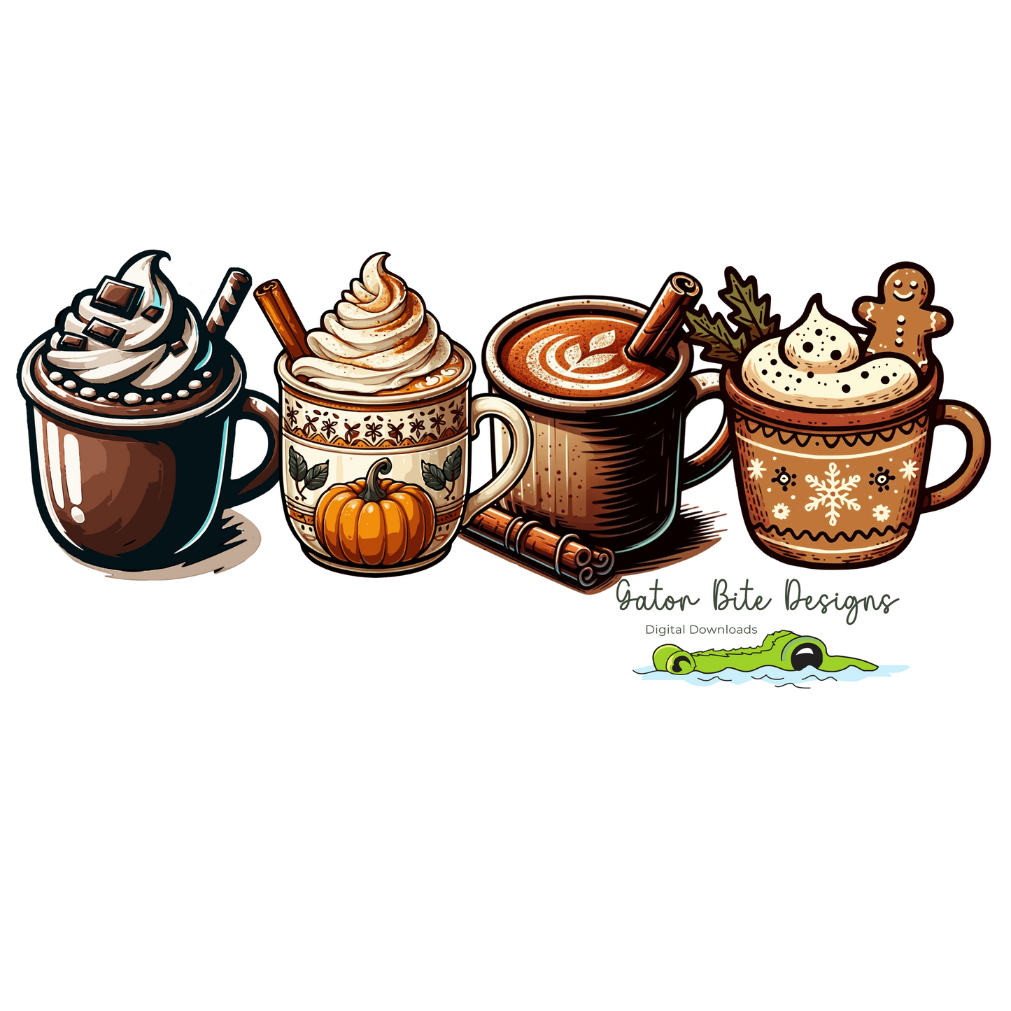 Christmas Coffee Cups 4 designs in a row. PDF PNG SVG files all 4 files. Sublimation, dtf, cameo cricut silhouette