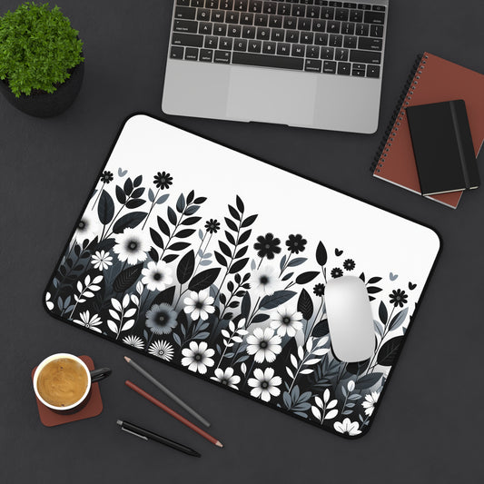 Desk Mat Minimalist, monochrome, floral pattern, modern, contemporary,black and white, gray, sleek,home decor, graphic design, clean, simple