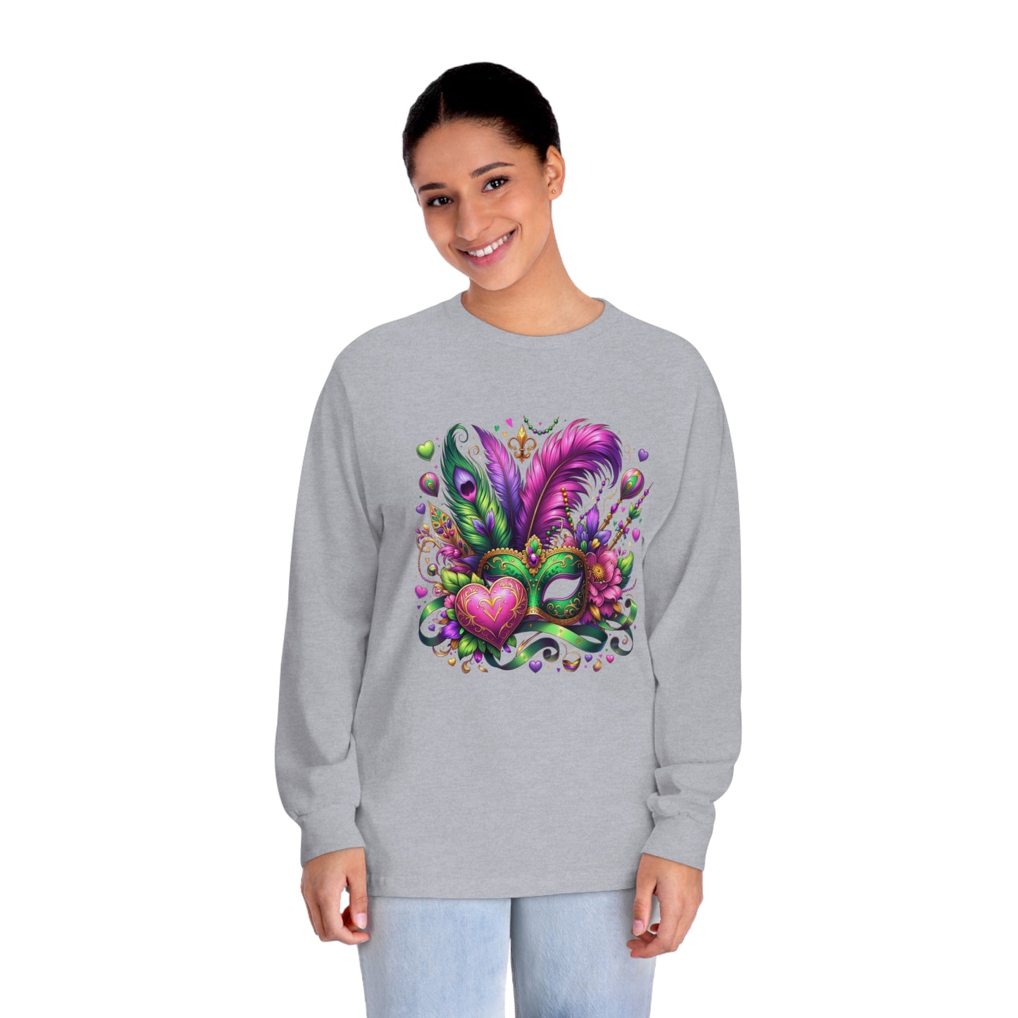 Enchanted Mardi Gras Love: Valentine's Day Meets Carnival Mask Unisex Classic Long Sleeve T-Shirt