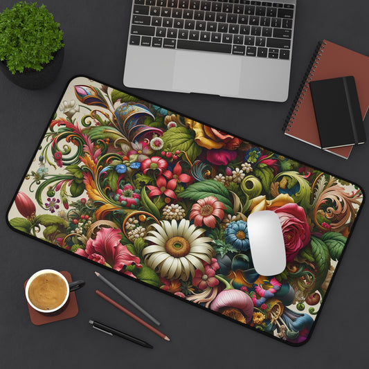 Desk Mat Colorful Floral Extravaganza floral pattern features a stunning array of roses, daisies, and tulips,  lush green leaves