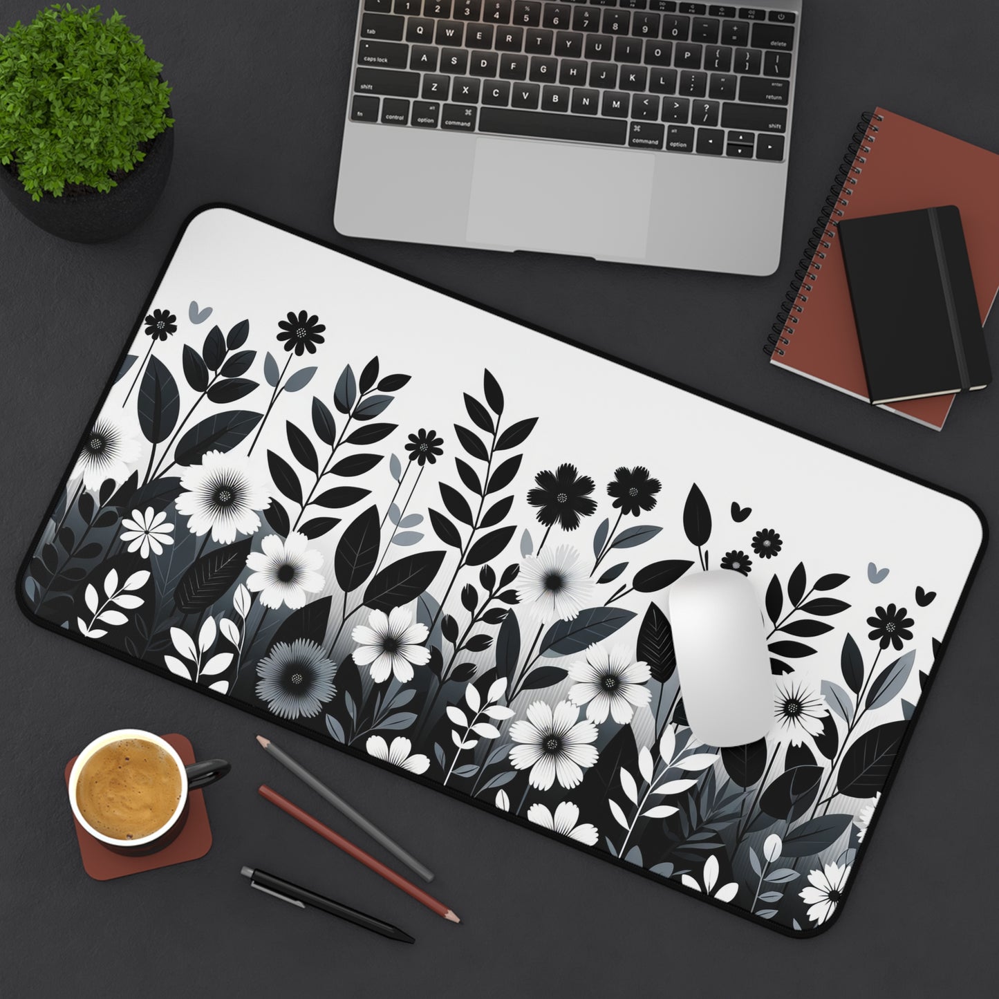Desk Mat Minimalist, monochrome, floral pattern, modern, contemporary,black and white, gray, sleek,home decor, graphic design, clean, simple